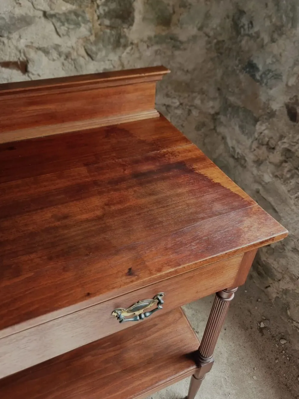 Console en acajou antique avec tiroir et étagère, table de service française, vers 1900