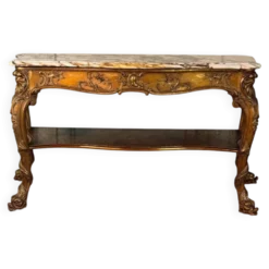 Console en bois doré, quatre pieds garnis de monstres marins, marbre brèche violette, vers 1900