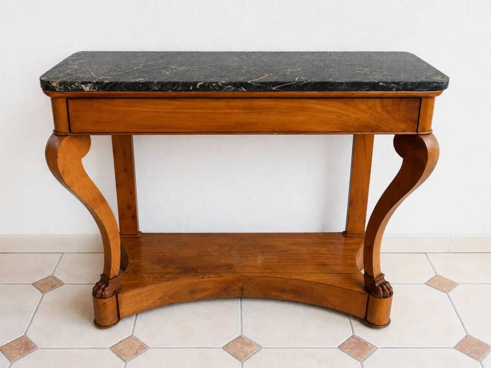 Console française XIXe en merisier et marbre noir, pieds griffes