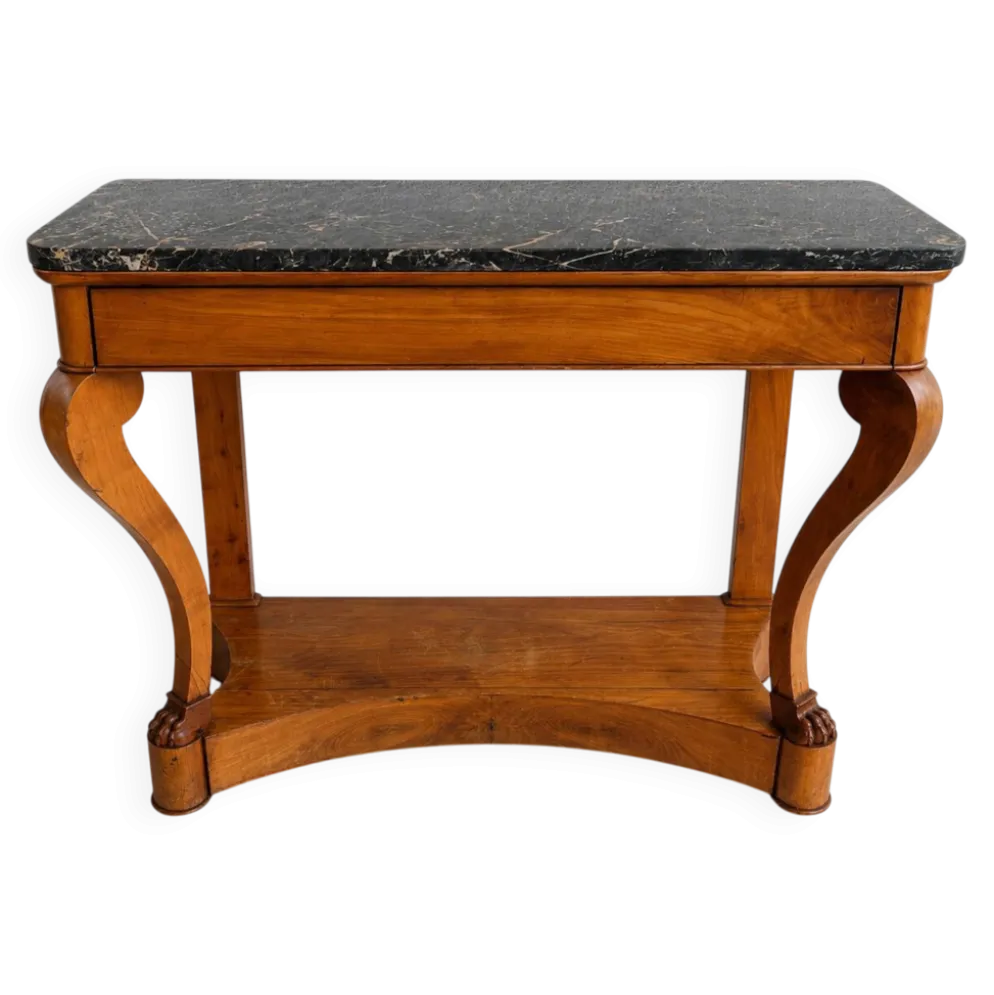 Console française XIXe en merisier et marbre noir, pieds griffes