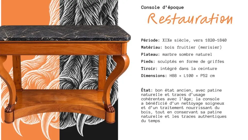 Console française XIXe en merisier et marbre noir, pieds griffes