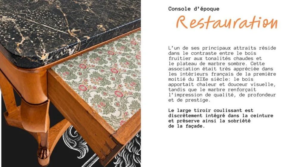 Console française XIXe en merisier et marbre noir, pieds griffes