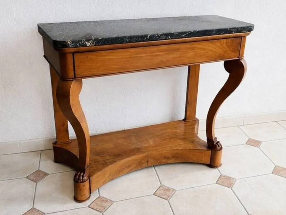 Console française XIXe en merisier et marbre noir, pieds griffes