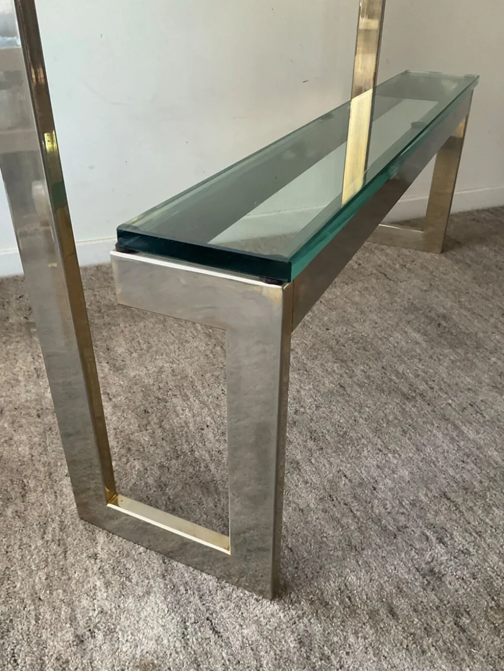 Console « G » par Belgochrom en laiton et verre des années 70