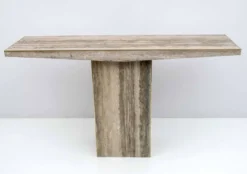 Console italienne du milieu du siècle, incrustée de travertin et de laiton
