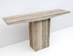 Console italienne du milieu du siècle, incrustée de travertin et de laiton