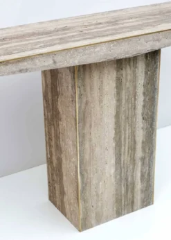 Console italienne du milieu du siècle, incrustée de travertin et de laiton