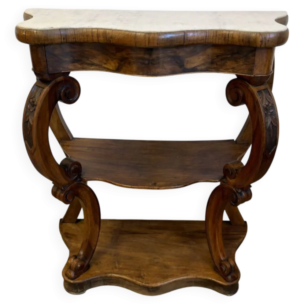 Console Napoléon III en noyer et marbre blanc