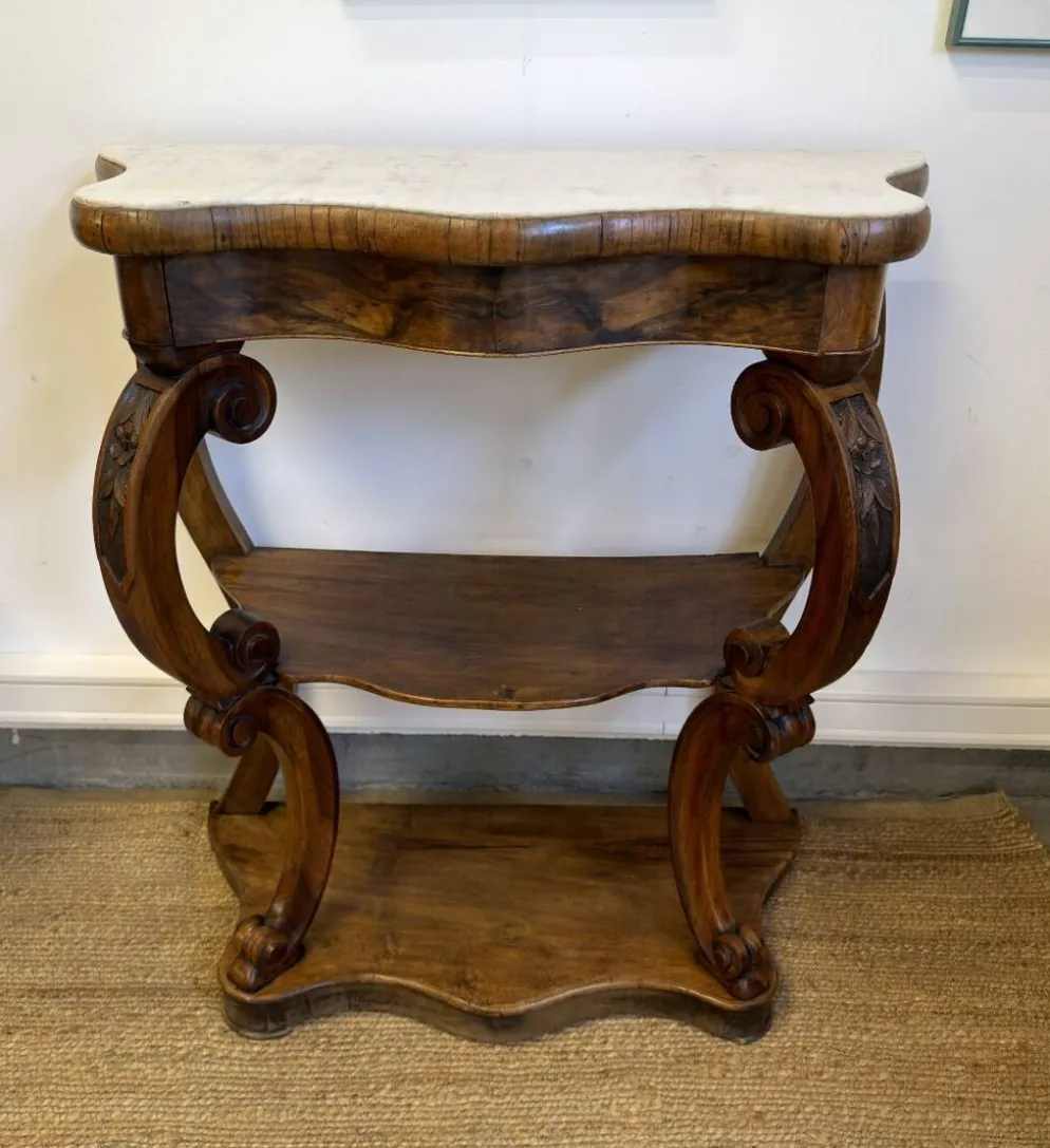 Console Napoléon III en noyer et marbre blanc