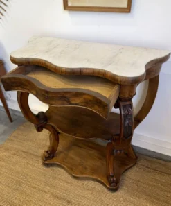 Console Napoléon III en noyer et marbre blanc