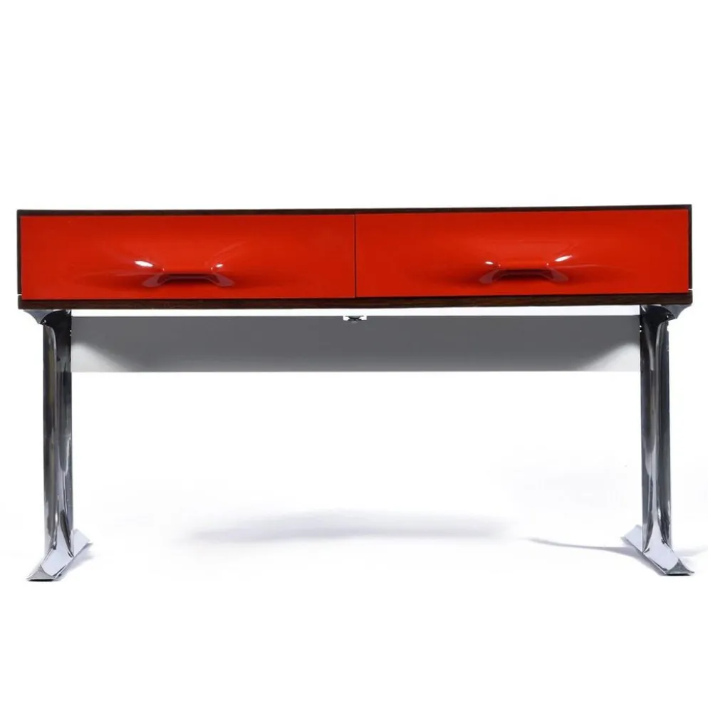 Console stéréo TV DF-2000 en palissandre, chrome et plastique rouge par Raymond Loewy.