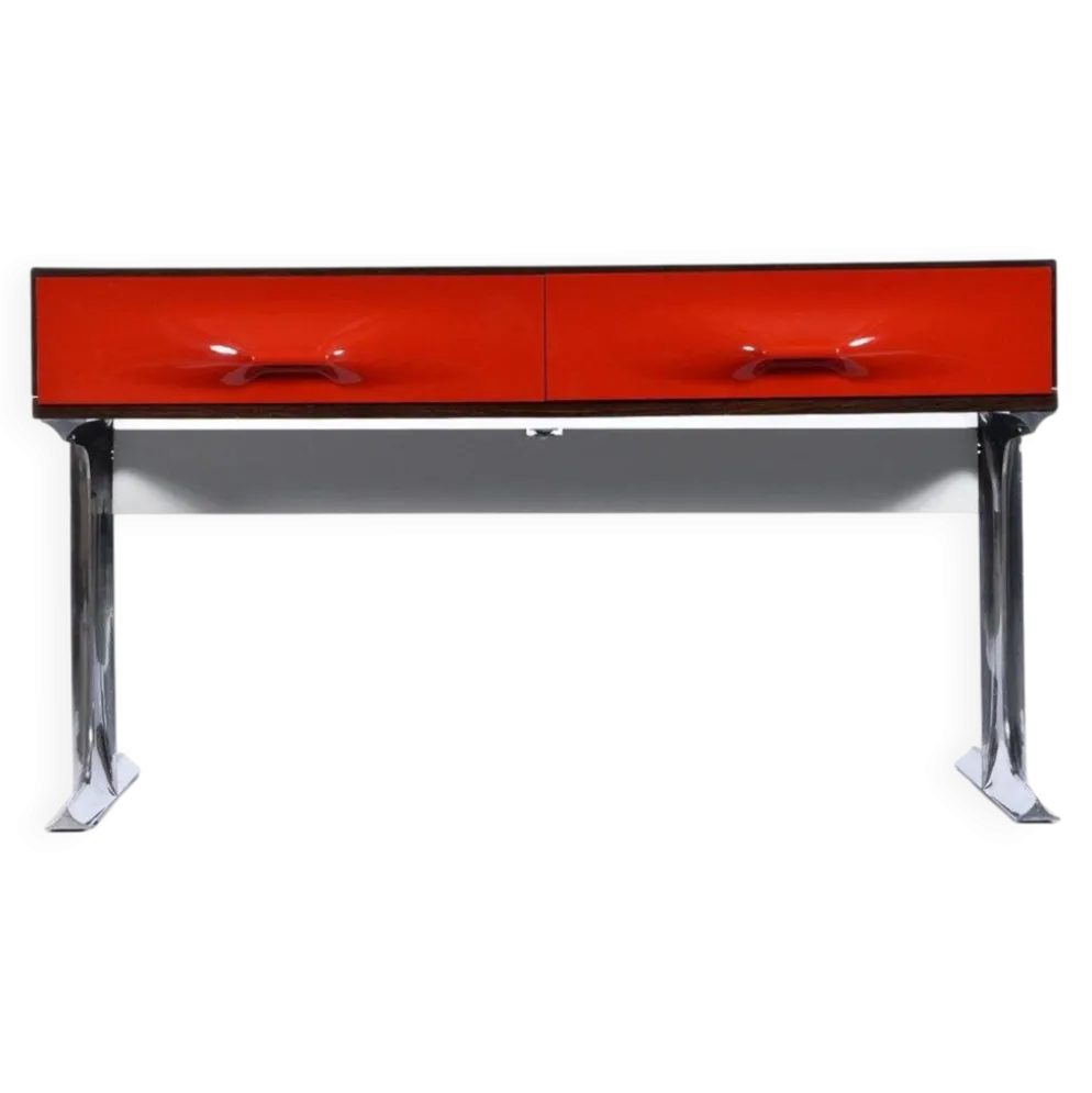 Console stéréo TV DF-2000 en palissandre, chrome et plastique rouge par Raymond Loewy.