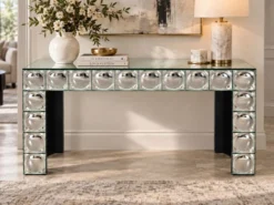 Console table en verre carreaux de miroir bombe argenté table d’entrée