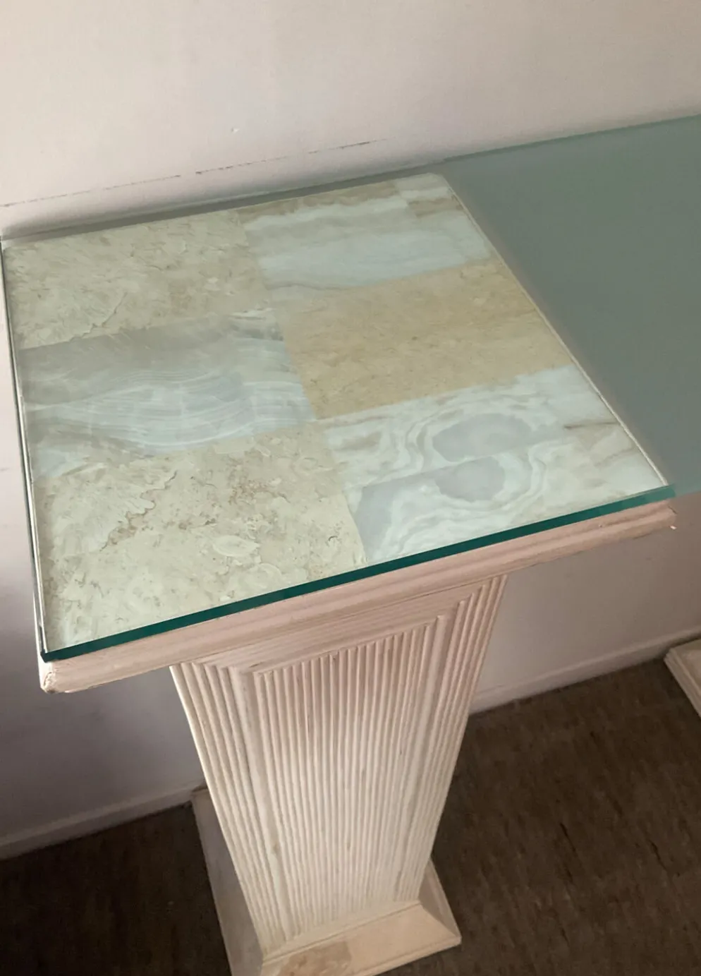 Console vintage en travertin, bois et verre