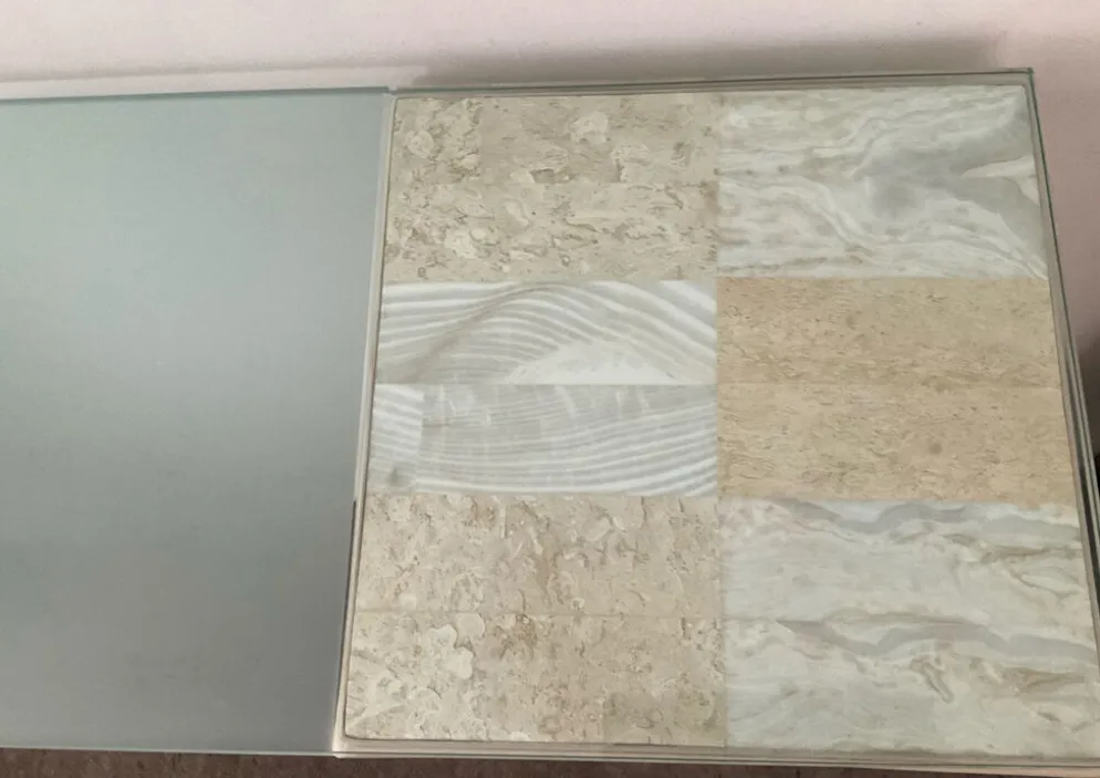 Console vintage en travertin, bois et verre
