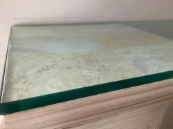 Console vintage en travertin, bois et verre