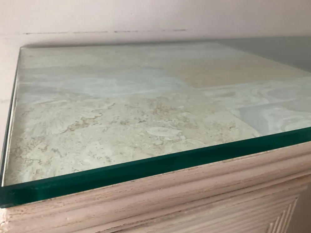 Console vintage en travertin, bois et verre