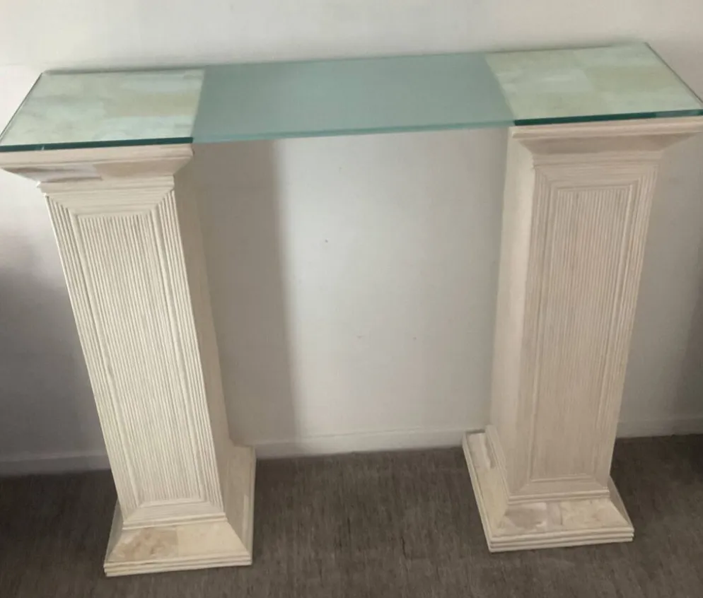 Console vintage en travertin, bois et verre