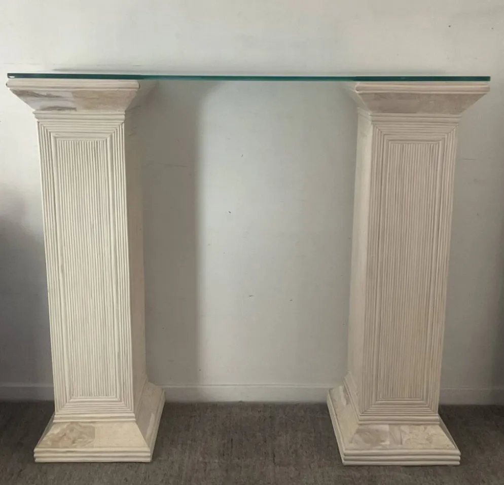 Console vintage en travertin, bois et verre