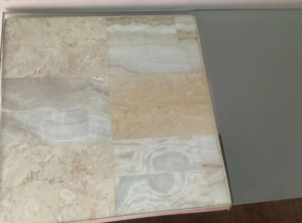 Console vintage en travertin, bois et verre