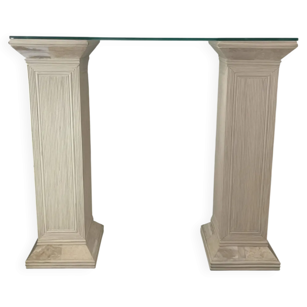 Console vintage en travertin, bois et verre