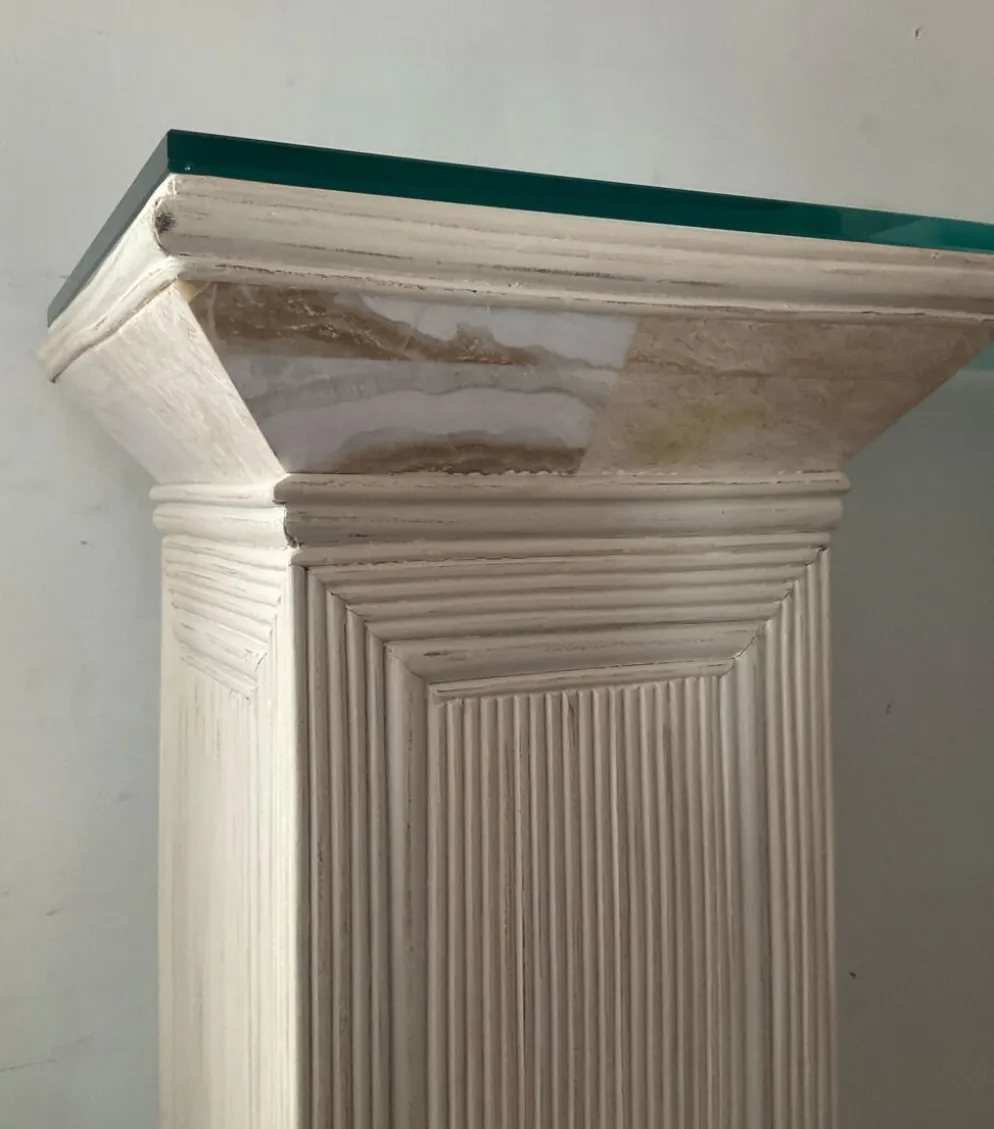 Console vintage en travertin, bois et verre