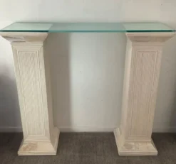 Console vintage en travertin, bois et verre