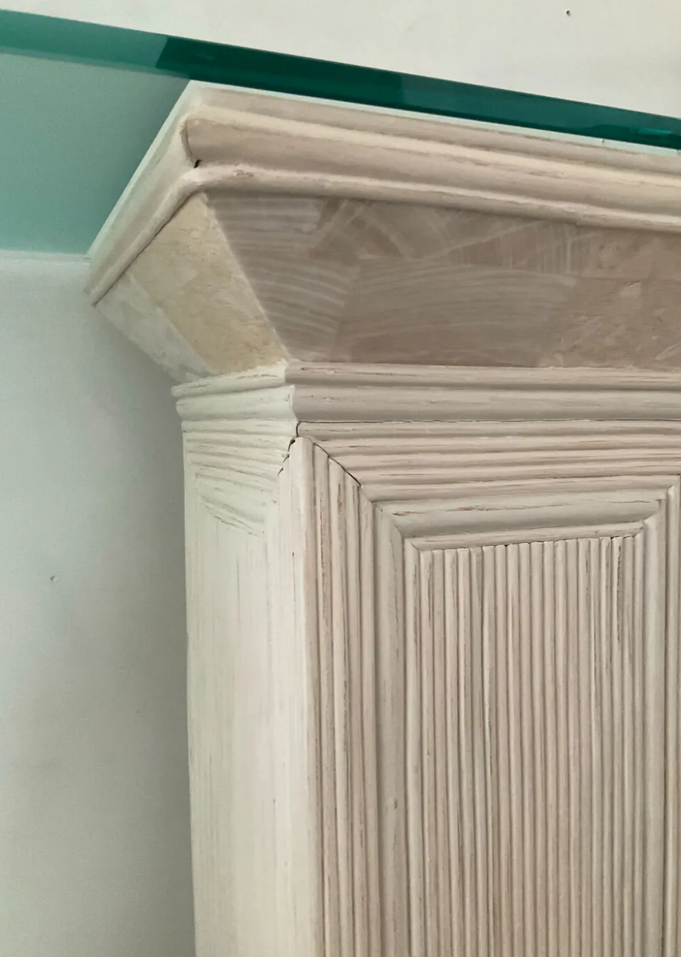 Console vintage en travertin, bois et verre