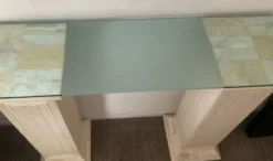 Console vintage en travertin, bois et verre