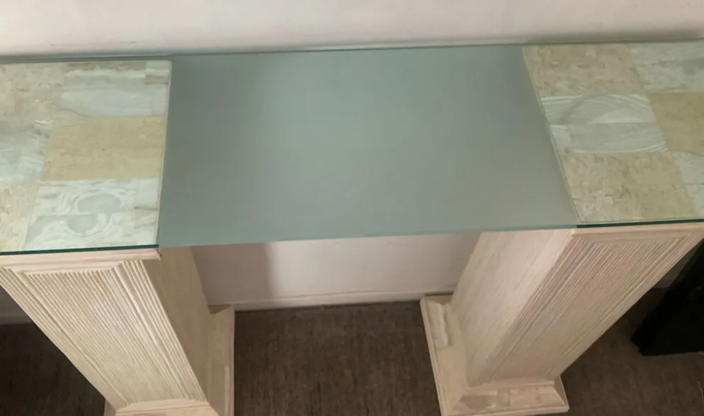 Console vintage en travertin, bois et verre