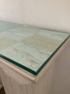 Console vintage en travertin, bois et verre