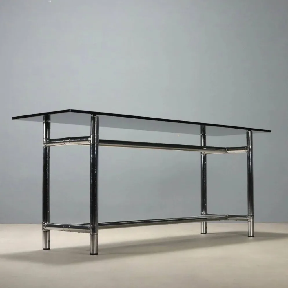 Console vintage en verre et métal chromé, design Italie, années 1980