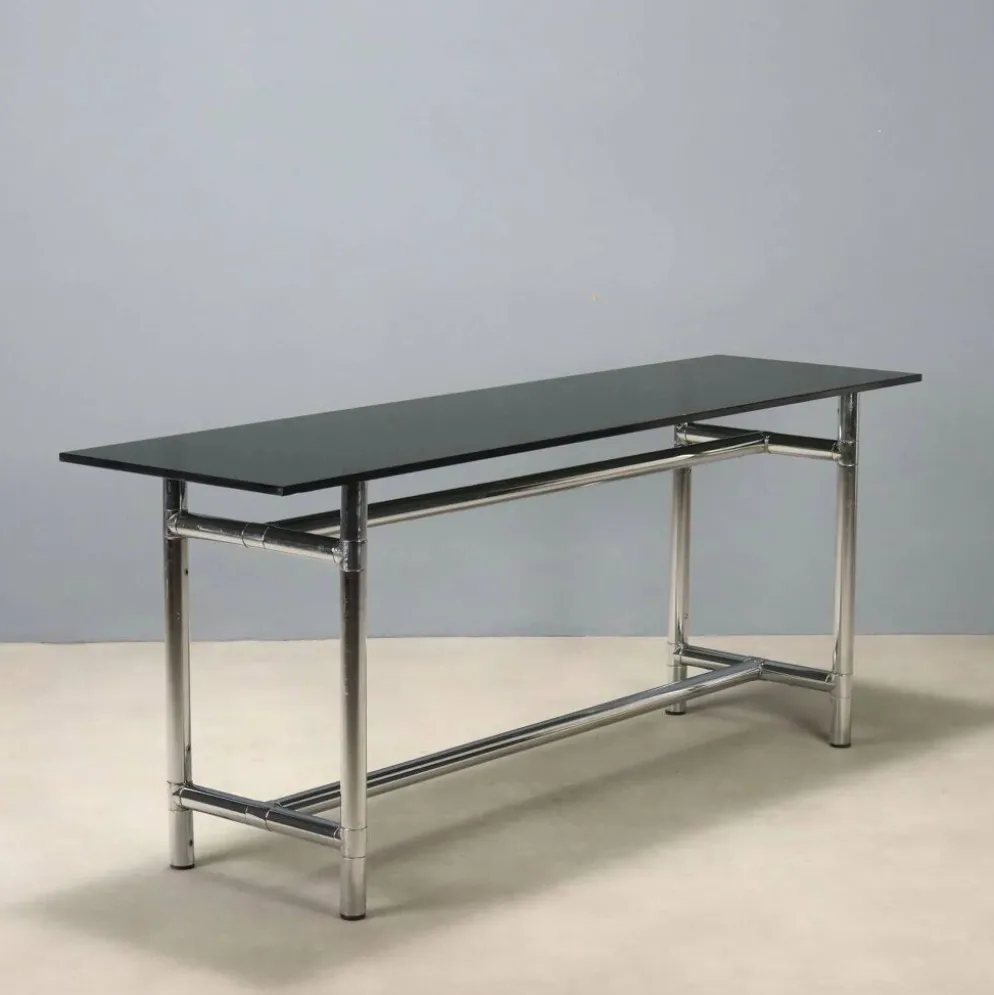 Console vintage en verre et métal chromé, design Italie, années 1980