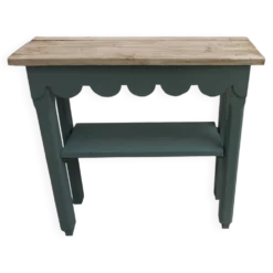Console vintage réenchantée en vert fumé plateau en bois brut.