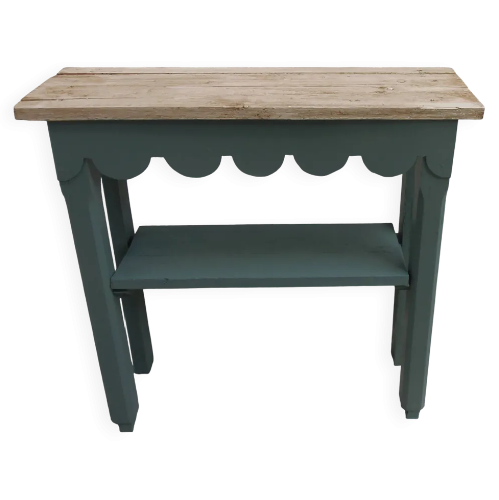Console vintage réenchantée en vert fumé plateau en bois brut.