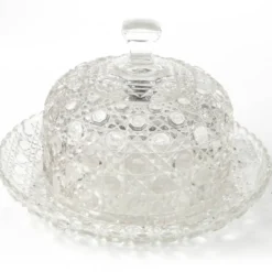 Conteneur à fromage ou à beurre Art Déco, en verre pressé, Tchécoslovaquie, années 1950.