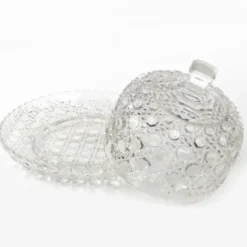 Conteneur à fromage ou à beurre Art Déco, en verre pressé, Tchécoslovaquie, années 1950.