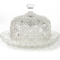 Conteneur à fromage ou à beurre Art Déco, en verre pressé, Tchécoslovaquie, années 1950.