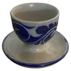 Coquetier Ancien BETSCHDORF Grès au Sel Gris Décor Bleu Alsace Vintage