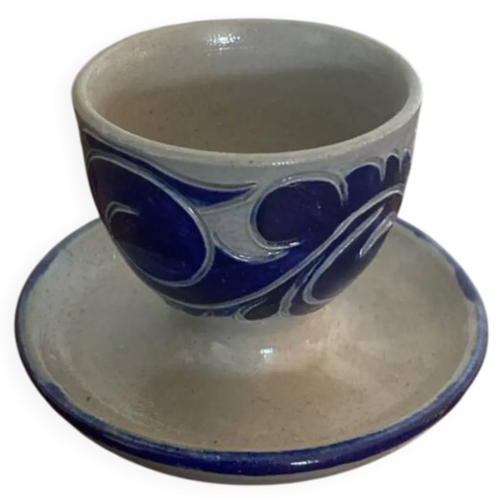 Coquetier Ancien BETSCHDORF Grès au Sel Gris Décor Bleu Alsace Vintage