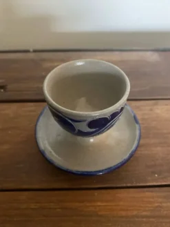 Coquetier Ancien BETSCHDORF Grès au Sel Gris Décor Bleu Alsace Vintage