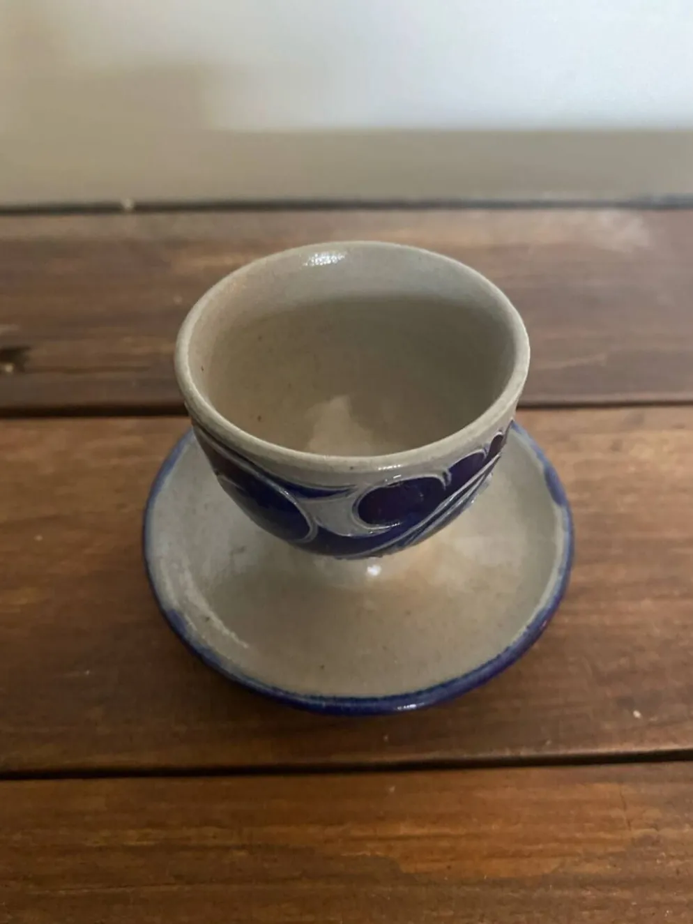 Coquetier Ancien BETSCHDORF Grès au Sel Gris Décor Bleu Alsace Vintage