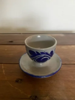 Coquetier Ancien BETSCHDORF Grès au Sel Gris Décor Bleu Alsace Vintage