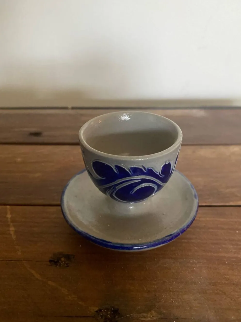 Coquetier Ancien BETSCHDORF Grès au Sel Gris Décor Bleu Alsace Vintage