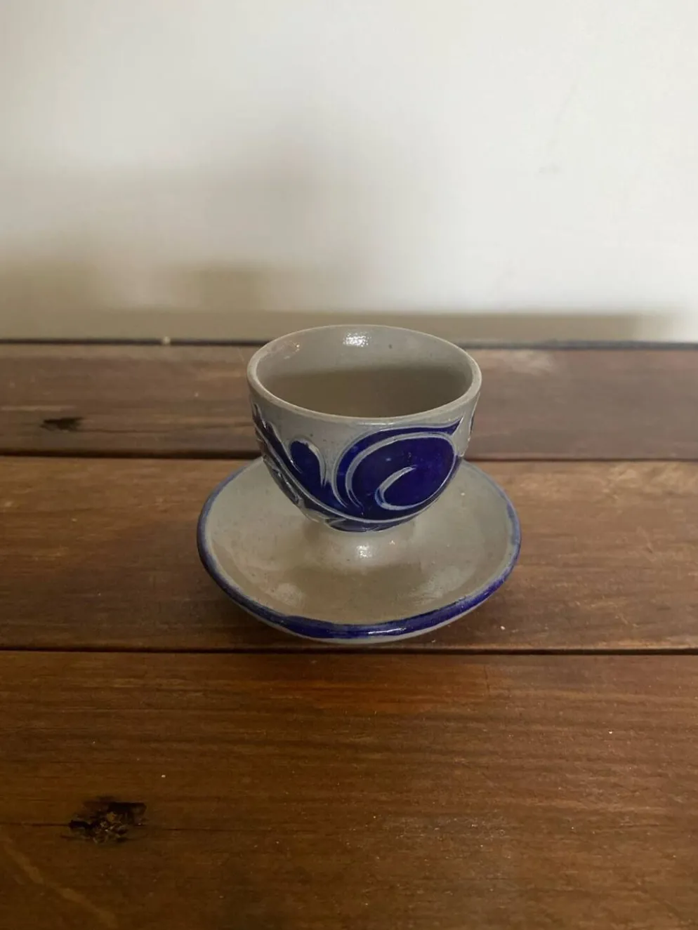 Coquetier Ancien BETSCHDORF Grès au Sel Gris Décor Bleu Alsace Vintage