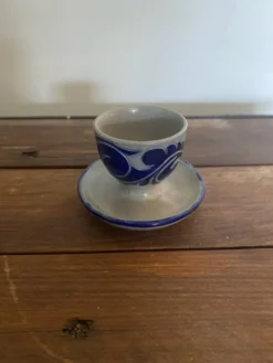 Coquetier Ancien BETSCHDORF Grès au Sel Gris Décor Bleu Alsace Vintage