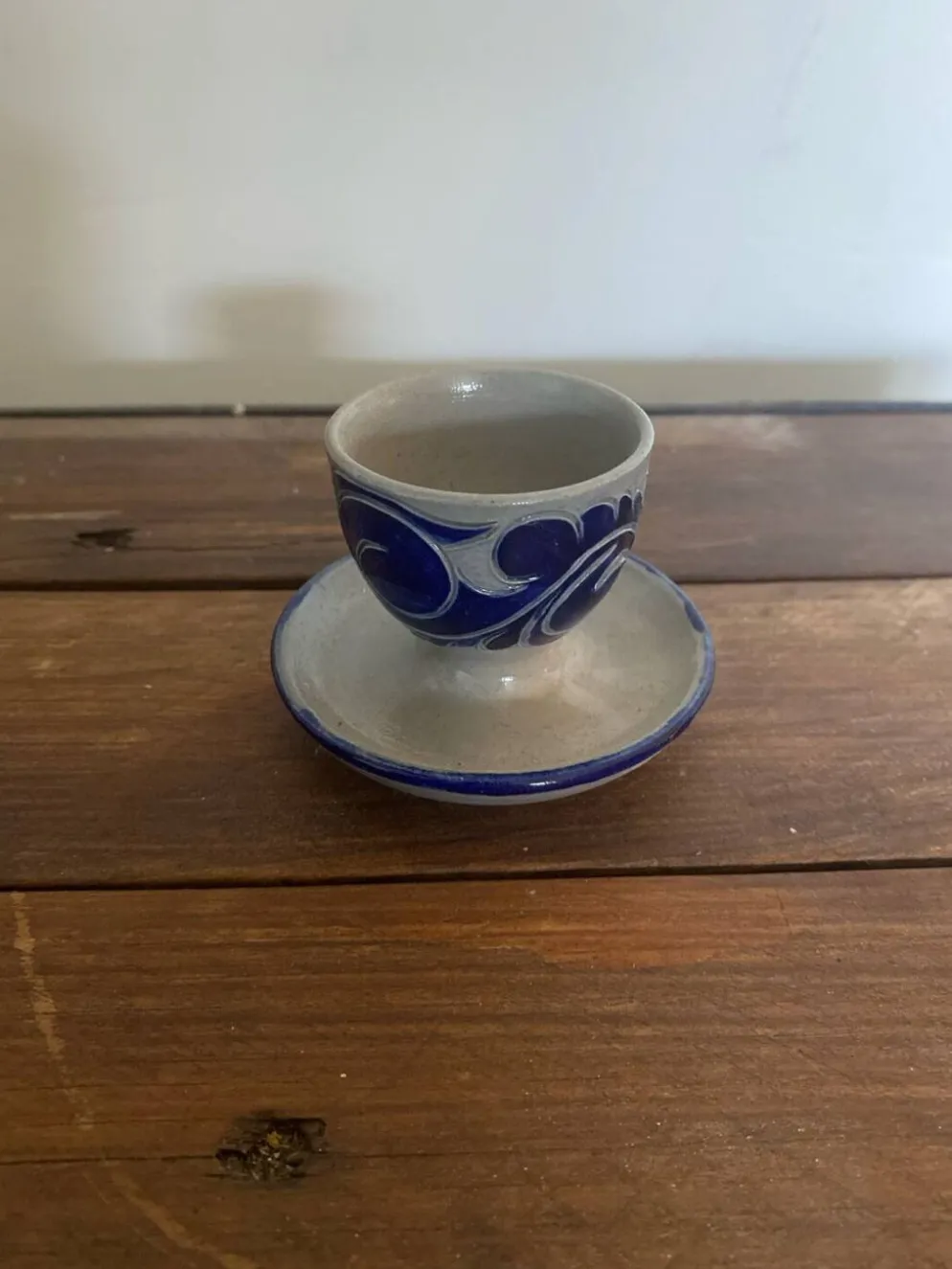 Coquetier Ancien BETSCHDORF Grès au Sel Gris Décor Bleu Alsace Vintage