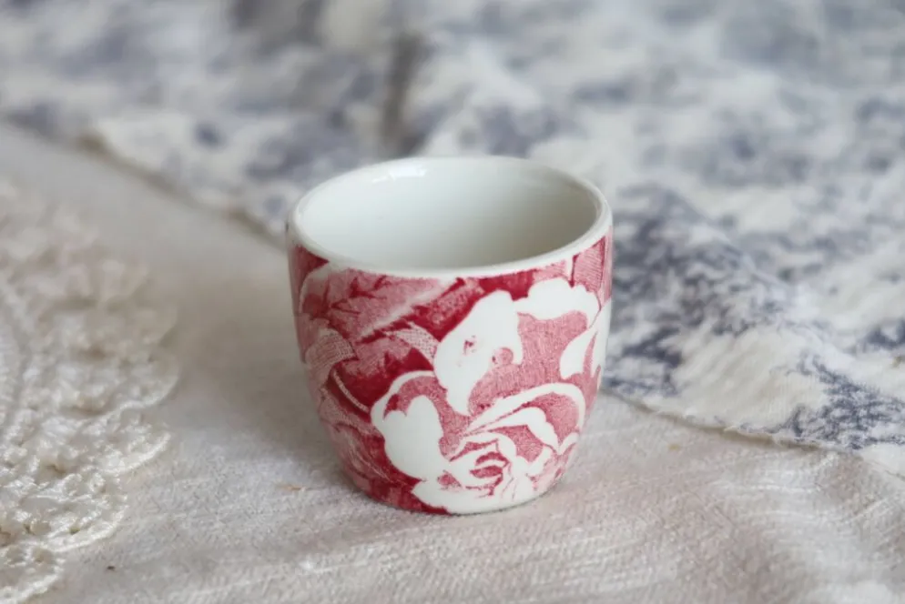 Coquetier ancien faïence anglaise Burleigh Victorian Chintz rouge