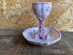 Coquetier Ancien Sur Pied Céramique Décor Fleurs Rose Vintage #D984