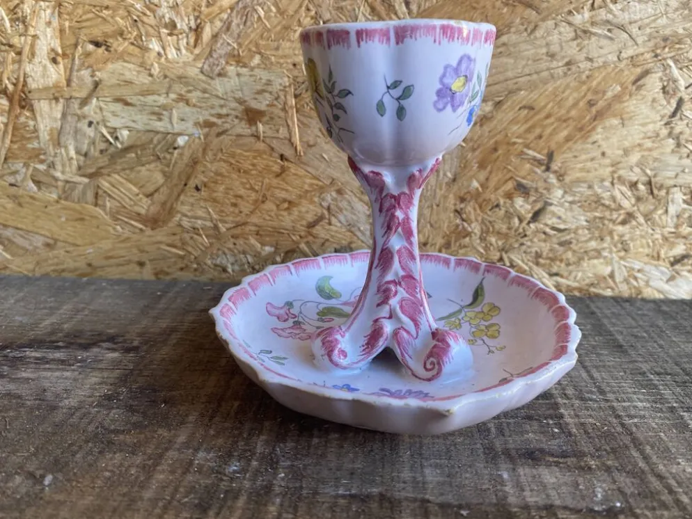 Coquetier Ancien Sur Pied Céramique Décor Fleurs Rose Vintage #D984